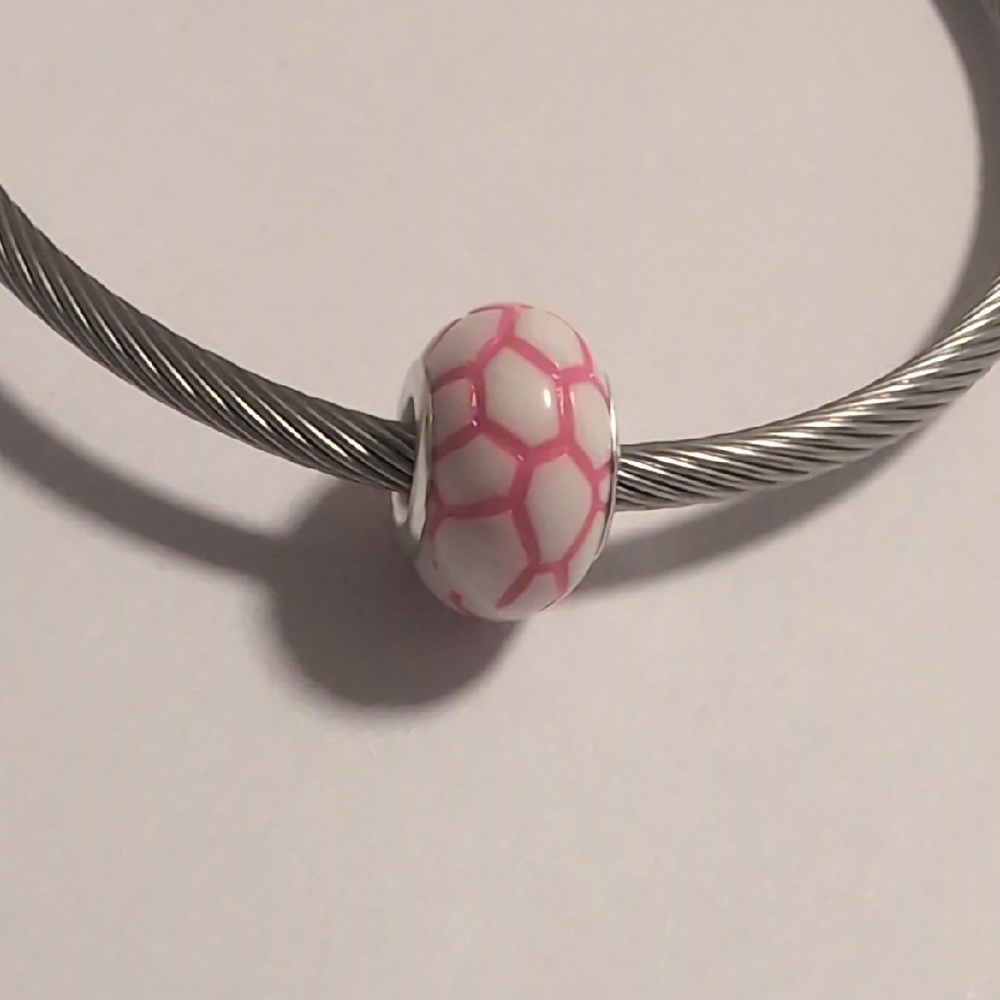 Silver with Pink and White Crackled Cobblestone Charm for Pandora Style Bracelet